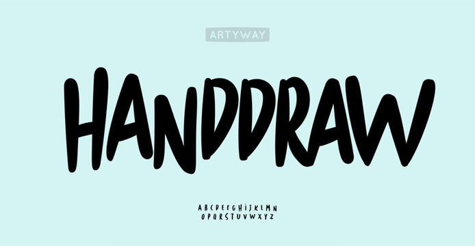 Handdrawn script font, bold brush lettering, playful doodle alphabet, casual typography for handcrafted logo, organic sketch headline. Spontaneous typographic design. Vector typeset