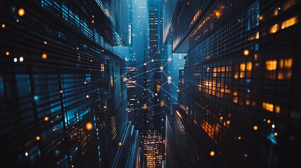 Naklejka premium Smart digital Innovation city Business skyscrapers in the Financial District with connection network reciprocity over the cityscape. of future smart wireless digital city and social media networking