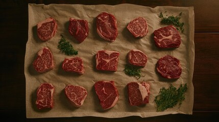 Fototapeta premium Gourmet Selection of Raw Beef Cuts Displayed on Brown Butcher Paper Surrounded by Fresh Herbs in a Rustic Kitchen Setting