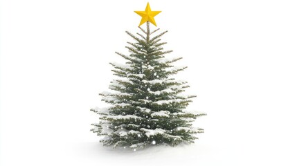Fototapeta premium Beautiful Christmas Tree Covered in Snow with a Bright Yellow Star on Top Set Against a White Background, Perfect for Holiday Celebrations and Seasonal Decor