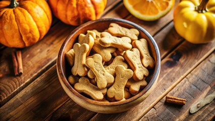 Fototapeta premium A bowl filled with bone-shaped dog treats, a rustic wooden background, and autumnal touches of pumpkins and cinnamon sticks.