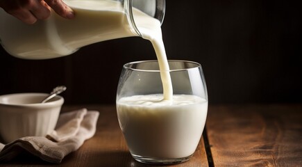 glass of milk, pouring milk into glass, cup of milk on the table, glass of milk on dark background, pouring milk