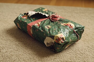 Naklejka premium Humorous holiday gift wrapping a christmas present wrapped so poorly its contents are obvious
