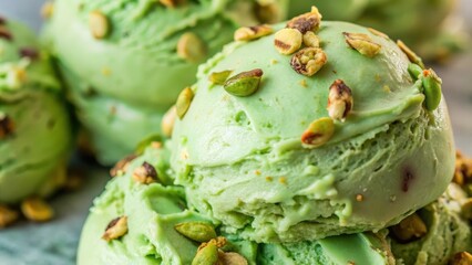 Fototapeta premium Close-up of a Scoop of Creamy Pistachio Ice Cream with Toasted Pistachio Pieces on Top