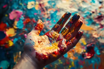 Double exposure of a painter s hand blending with palette colors, symbolizing artistic inspiration
