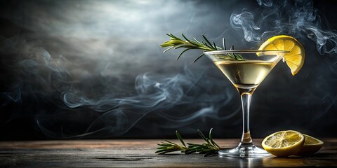 Aromatic cocktail with rosemary garnish and citrus fruit on a wooden surface with smoke in the background
