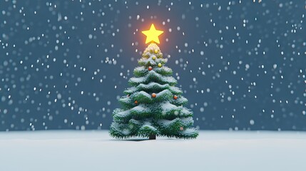 Fototapeta premium Beautifully Decorated Christmas Tree with Star Topper and Snowfall in a Winter Wonderland Scene, Perfect for Holiday Celebrations and Festive Greetings