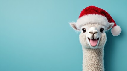 Fototapeta premium White llama wearing a red Santa hat is smiling and looking at the camera. The image has a festive and cheerful mood, as the llama is dressed up for Christmas