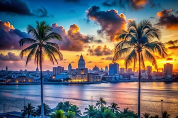 Obraz premium Breathtaking Havana City Skyline Silhouette at Sunset Featuring Palm Trees and Iconic Landmarks in Vibrant Blue Tones for Urban Landscape Photography