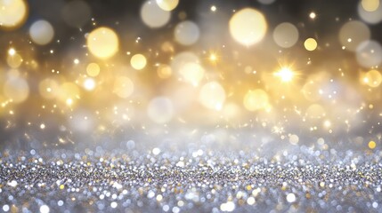 Abstract bokeh background with silver and gold glitter sparkles, shimmering softly against a deep, dark backdrop.