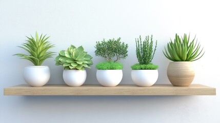 Fototapeta premium Beautifully arranged variety of green plants in white pots on a wooden shelf, showcasing modern interior decoration and enhancing indoor ambiance with natural elegance.