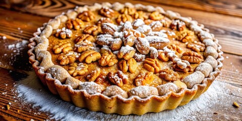 Fototapeta premium A Homemade Pecan Pie, Covered in Powdered Sugar and Adorned with Whole Pecans, Sits on a Rustic Wooden Table