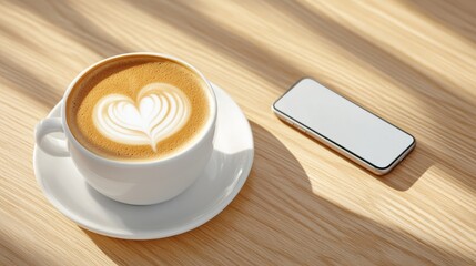 White coffee cup with a heart design on it sits on a wooden table next to a cell phone