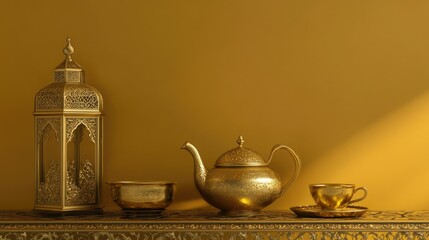 Golden Teapot and Lantern on Yellow Background