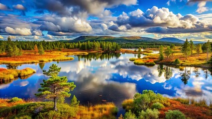 Fototapeta premium Breathtaking Panorama of Fjäll Landscape with Tranquil Lakes and Swamps at Flatruet, Sweden – Nature's Majestic Beauty Captured in Vibrant Colors and Serene Waters