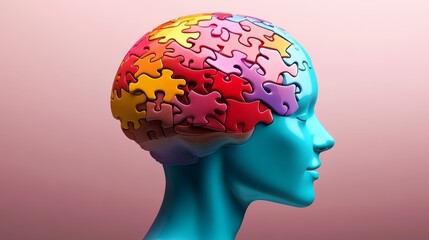 Puzzle of a brain with a blue face. The puzzle is colorful and the brain is made of pieces