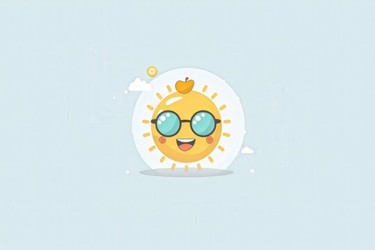 A cartoon sun with sunglasses on its face and an apple on top of it