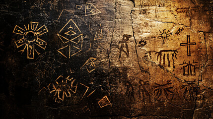 Fototapeta premium dark gold stone wall texture with ancient carvings background
