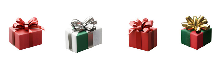 A collection of red and green gift wrapped presents with a red , gold and silver ribbon bows isolated against a transparent background.