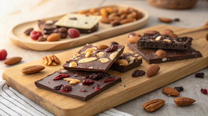 Fototapeta premium Nut and Fruit Topped Chocolate Bars on Wooden Platter