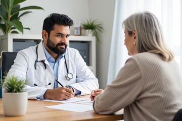 Doctor consulting patient in modern office with focus on healthcare communication