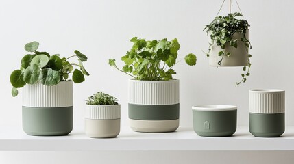 Elegant Collection of Minimalist Plant Pots with Fresh Greenery Displayed on a Stylish Shelf, Ideal for Home Decor and Indoor Gardening Enthusiasts