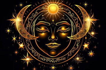 A woman's face is surrounded by a circle of stars and a crescent moon