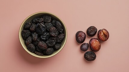Obraz premium A bowl filled with dried prunes and a few fresh prunes on the side, highlighting the differences in color and texture.