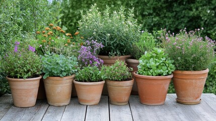 Fototapeta premium A Vibrant Collection of Potted Herbs and Flowers Arranged on a Wooden Surface Surrounded by Lush Greenery, Perfect for Garden Enthusiasts and Nature Lovers