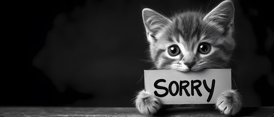 Adorable kitten with big eyes holding a "Sorry" sign against a dark background. Black and white photograph capturing a heartfelt, apologetic expression.