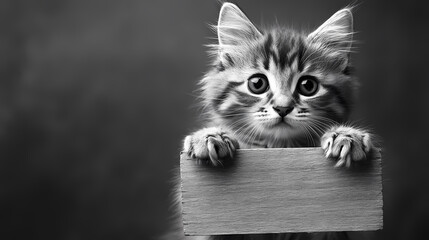 Adorable kitten with wide eyes holding a blank wooden sign against a dark background. Black and white close-up capturing the kitten’s innocent expression, ready for customizable text.