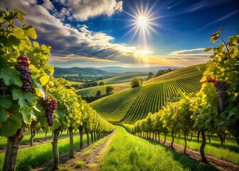 Fototapeta premium Breathtaking Vineyard Landscape Under a Bright Sunny Sky with Lush Green Grapevines and Rolling Hills Capturing the Essence of Wine Country in Full Bloom