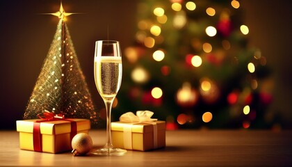 glass of champagne and gift around chrismas with a chrismas tree in the background, holiday, party ,copy text space
