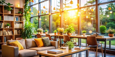 Bright and Inviting University Study Space with Cozy Furniture, Natural Light, and Bokeh Effect for Inspiring Learning Environment