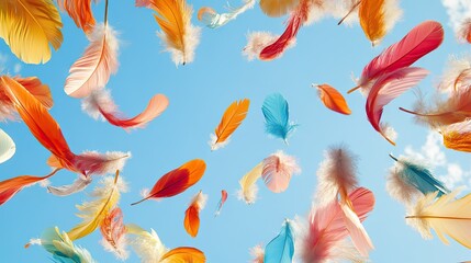 A mix of colorful bird feathers drifting through a clear, expansive sky, each feather suspended in gentle descent.