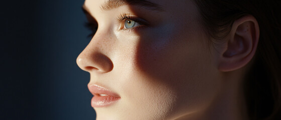 Fototapeta premium Closeup Portrait of a Young Woman with Blue Eyes and Soft Lighting, Closeup Portrait of a Young Woman with Blue Eyes and Soft Lighti
