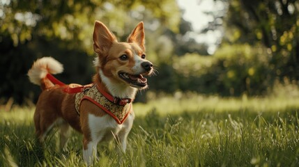 A happy brown and white dog with a red and yellow harness stands in a grassy field, looking to the right, tail wagging.