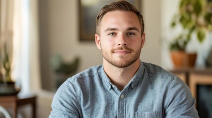 Naklejka premium Confident Young Man Sitting in a Bright, Modern Living Space
