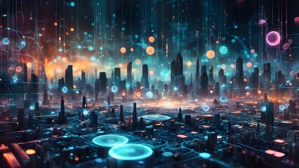 A futuristic cityscape with vibrant lights and digital elements.