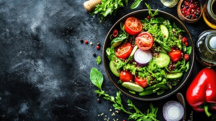 Fresh Mediterranean Salad with Colorful Vegetables, Olive Oil, and Spices on a Dark Textured Background for Healthy Eating Concept and Culinary Arts
