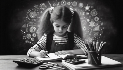 Young girl focused on drawing surrounded by educational icons