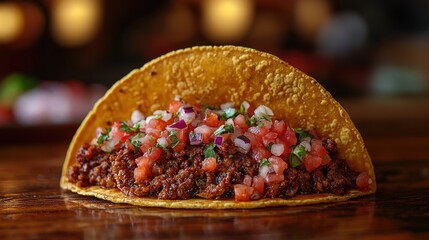 Close-Up of a Delicious Taco with Ground Meat, Tomatoes, and Onions