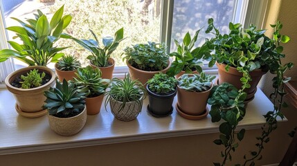 Fototapeta premium A Beautiful Display of Indoor Greenery Featuring Various Potted Plants on a Bright Sunny Windowsill in a Cozy Home Environment
