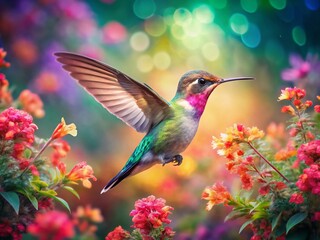 Fototapeta premium Captivating Aerial Photography of Watercolor Hummingbird Over Vibrant Floral Landscape, Showcasing Nature’s Beauty and Artistic Expression in a Serene Setting
