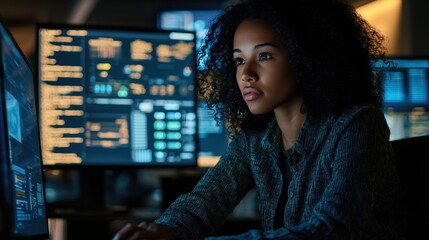 Female Data Analyst Working Intently in a Modern Office Surrounded by Large Computer Screens Displaying Complex Data Visualizations at Night