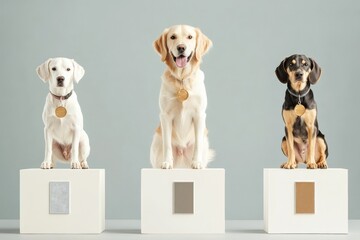 Three dogs on podiums with medals in a minimalist setting, symbolizing competition and achievement

