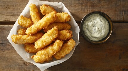 Crispy Homemade Fish Sticks Served on a Rustic Wooden Table with Creamy Dipping Sauce in a Dark Bowl for Comfort Food Lovers