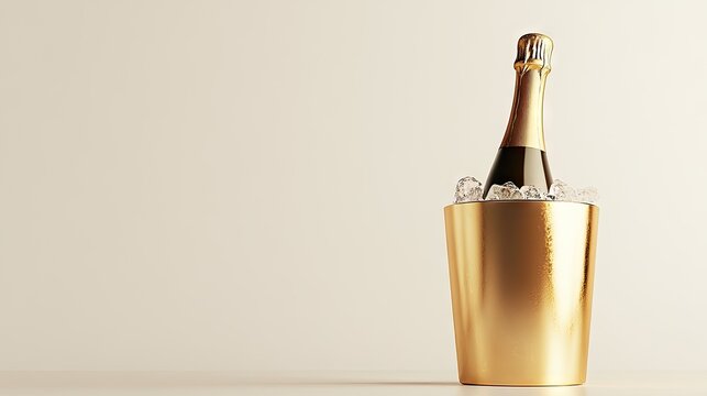 Luxurious champagne bottle in a golden ice bucket surrounded by sparkling ice cubes, perfect for celebrations, parties, events, and upscale gatherings in elegant settings