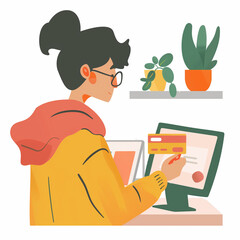 A person holding a credit card and making an online purchase on a computer or smartphone, cartoon style