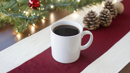 Cozy Coffee Scene with a White Mug Resting on a Festive Table Runner Surrounded by Christmas Decor and Pinecones, Perfect for Holiday-Themed Imagery